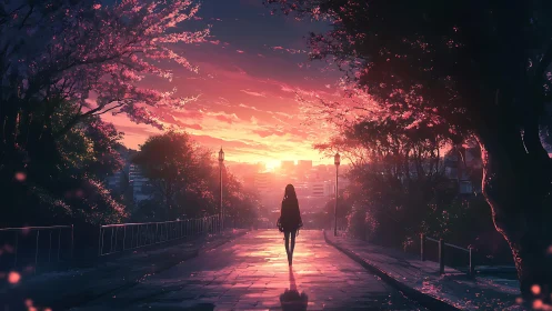 Backlit figure walks cherry-lined path under saturated sunset sky