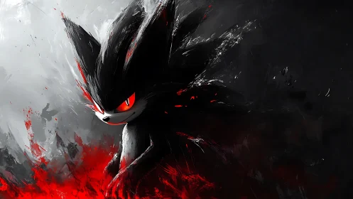 Dark hedgehog silhouette in red and monochrome storm field.