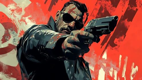 Gunman in dark coat aims pistol against crimson backdrop.