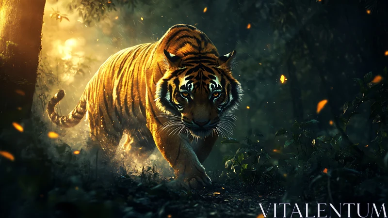 Stalking tiger moves through glowing embers in shadowed jungle