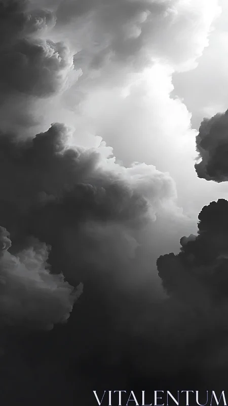Monochrome storm clouds with dramatic light shaft skyward.