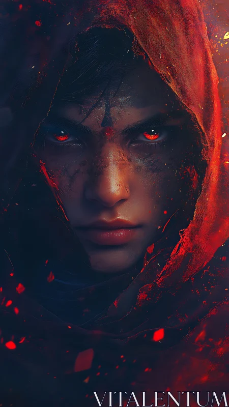 Enigmatic red‑hooded figure rendered in dramatic digital chiaroscuro