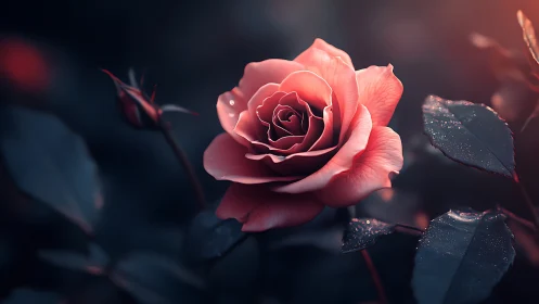 Coral pink rose rendered with dramatic backlighting and mist