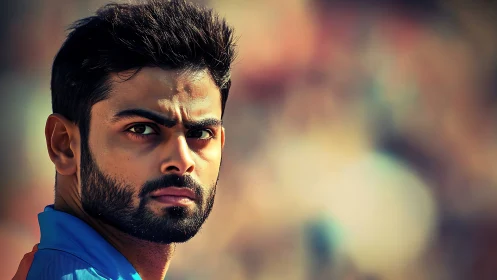 Intense bearded athlete portrait under shallow stadium light