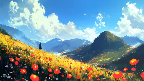 Solitary figure overlooks bright wildflower valley beneath peaks