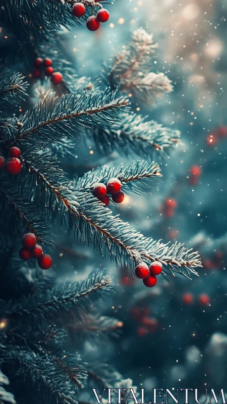 Snow dusted evergreen branches with red berries in winter.