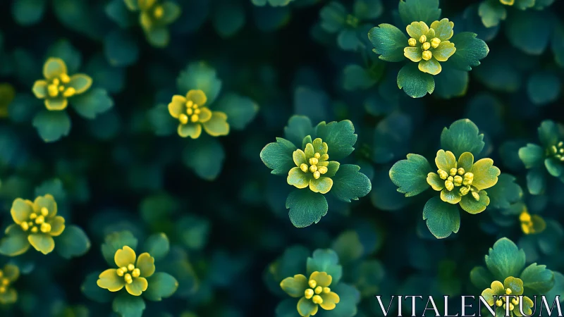 Delicate yellow blooms suspended in emerald shadows.