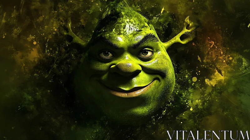 Green ogre portrait in glowing abstract forest haze.