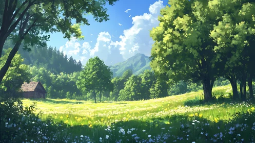 Sunlit mountain meadow surrounds rustic forest cabin