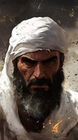 Weathered warrior in white turban amid drifting embers.