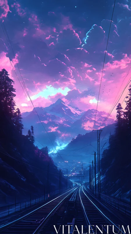 Neon railway leads toward glowing alpine peak at dusk