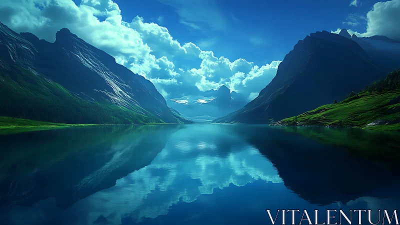 Glacial valley lake mirrored beneath luminous blue skies.