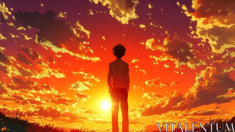 Silhouette of a standing figure faces dense sunset cloud field