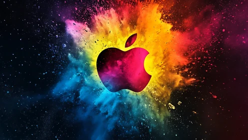 Colorburst apple silhouette ignites a cosmic neon storm.