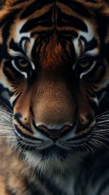 Macro frontal portrait of Bengal tiger face with sharp focus