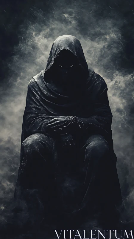 Shrouded hooded figure with backlit eyes in volumetric smoke