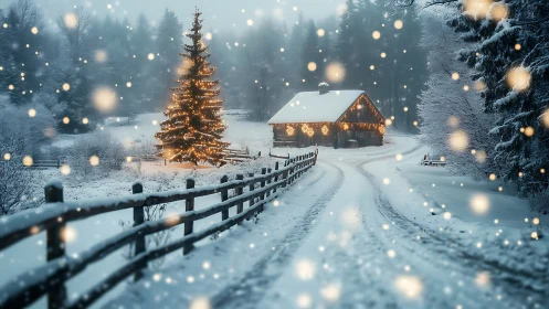 Snow covered cabin glows with warm Christmas lights at dusk