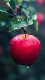 Photorealistic macro study of dewy red apple on branch.
