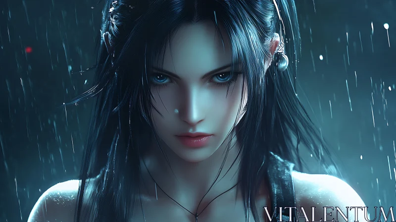 Intense blue eyed woman in rain with dramatic lighting.