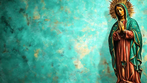 Devotional statue in teal mantle against textured turquoise wall