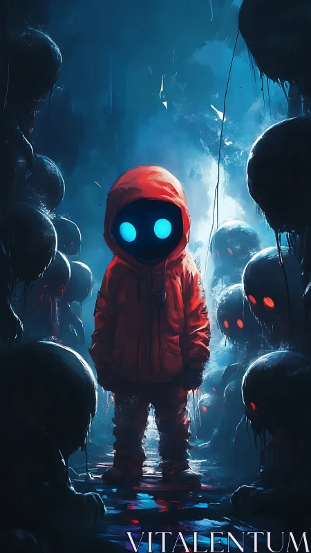 Child in red hooded jacket surrounded by glowing eyed figures
