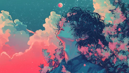 Dreamer merges with neon cosmos and blooming garden.