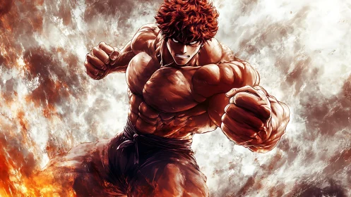 Muscular anime fighter charging through fiery stormscape.