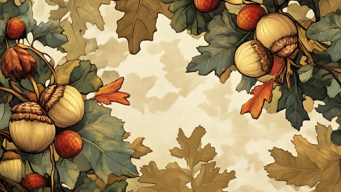 Autumn oak leaves and acorns frame warm botanical border.