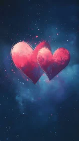 Two Pink Hearts Against Deep Blue Starfield.