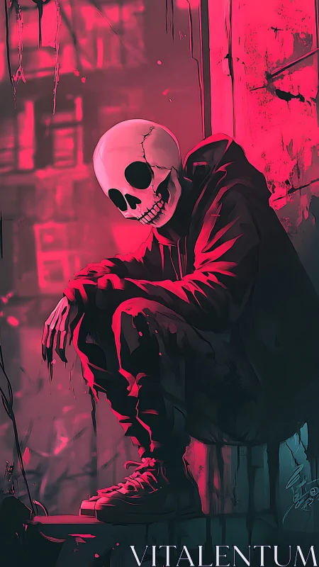 Hooded skeleton figure in neon pink urban alleyway.