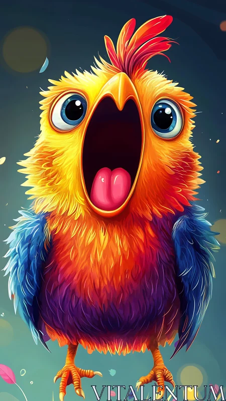 Colorful cartoon chick with wide open beak and big eyes.