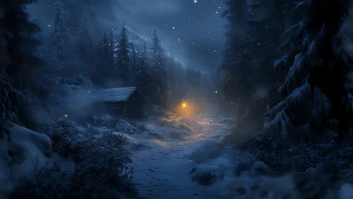 Snow-dim forest path guarding one stubborn golden lantern.