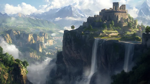 Fortified cliffside citadel overlooks cascading alpine waterfalls
