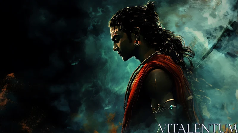 Warrior silhouette stands in ethereal teal smoke and ember glow