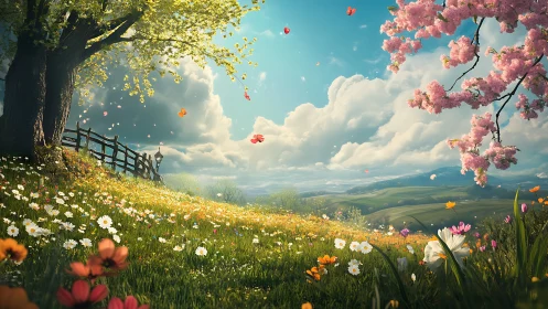 Springtime dreamfield under drifting petals and bright clouds.