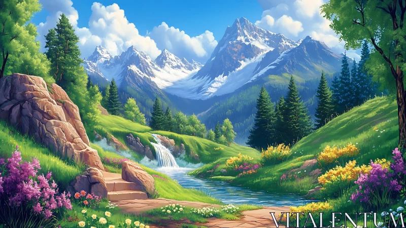 Digital painting alpine valley with river, pines, and florals.