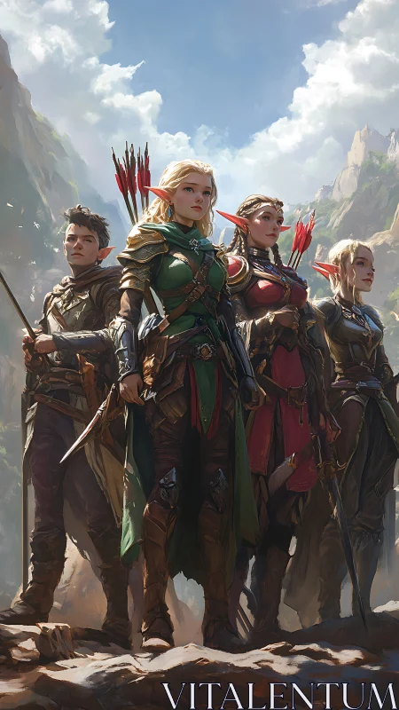 Elven adventuring party in ornate armor under mountain sky.
