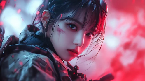 Tactical cyber-noir portrait renders soldier in crimson haze