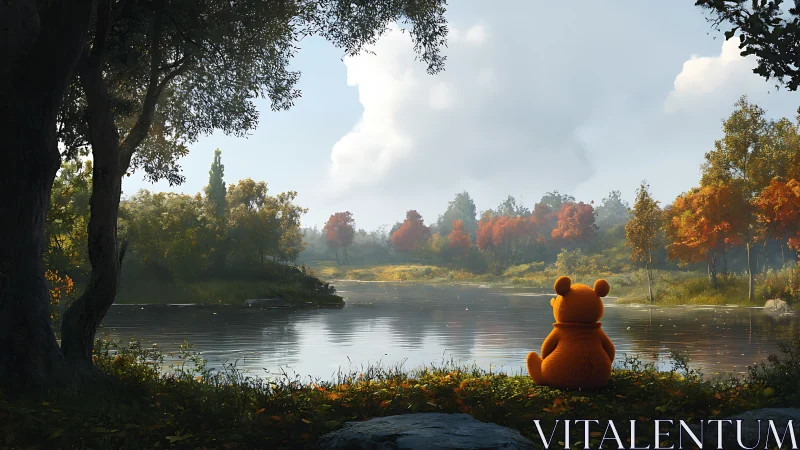 Orange bear toy seated by calm autumn lakeside view.