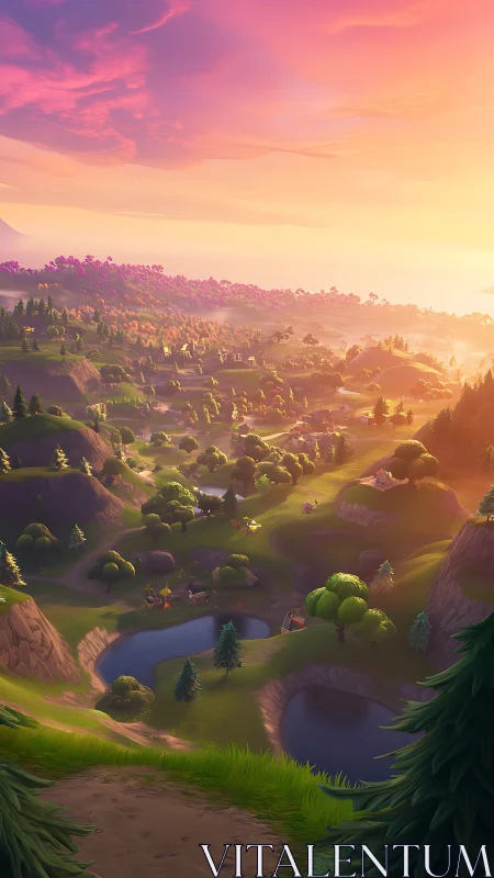 Sunset washes a stylized valley in glowing pastel light.