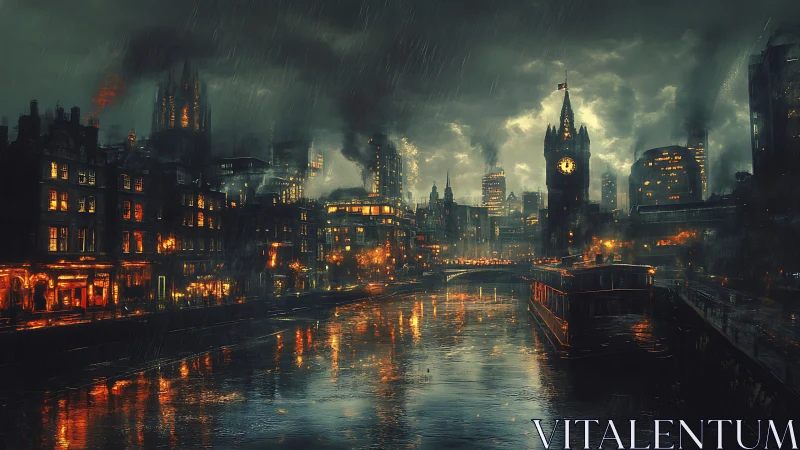 Cyberpunk riverfront skyline under storm-lit industrial rain.