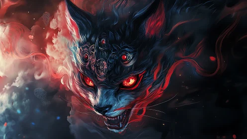 Demonic glowing cat head in swirling red blue smoke.