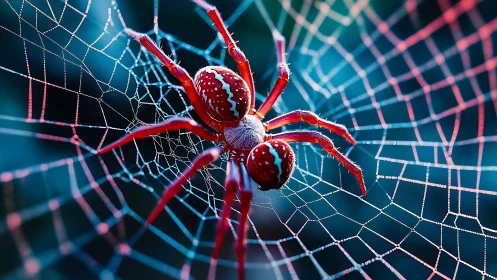 Red patterned spider centered on dewy geometric web.