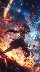 Fiery warrior strides through erupting sky and shattered earth