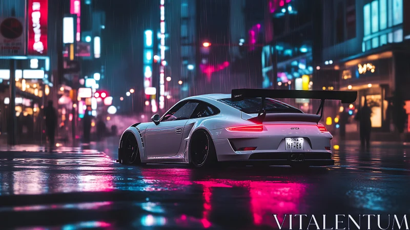 Widebody white GT3 under neon rain in urban nightscape.