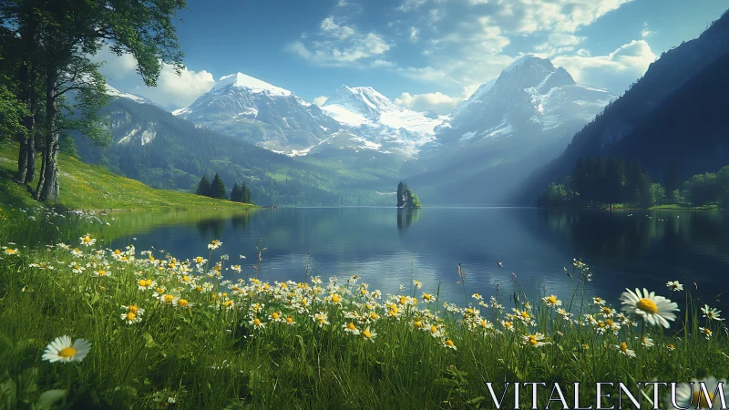 Snowy mountain lake framed by daisies and green valley.