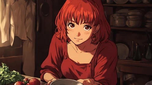 Warm kitchen anime portrait in cinematic chiaroscuro lighting.