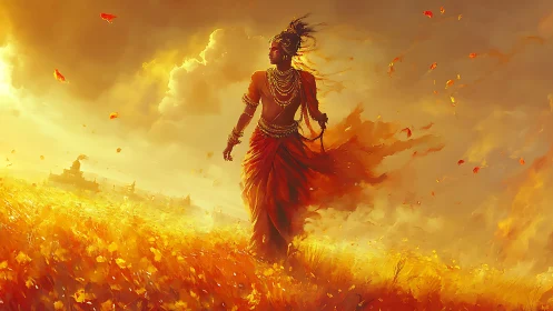 Golden field deity striding through luminous stormlight.