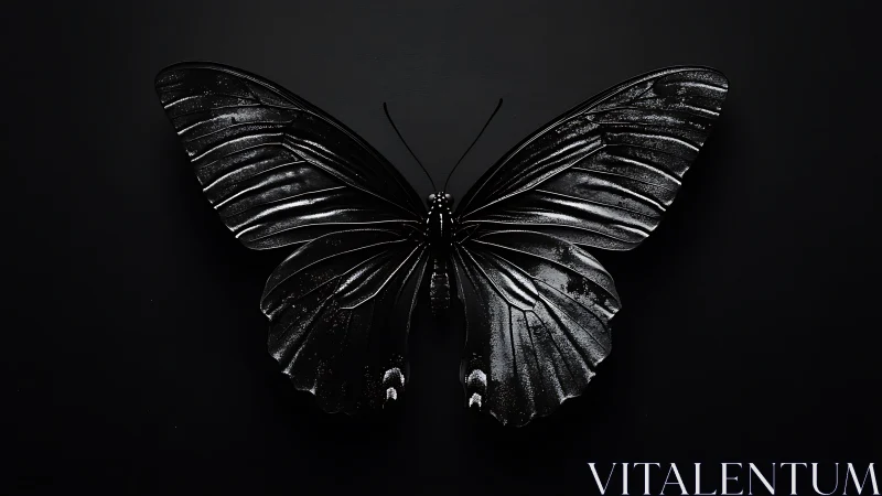 Glossy black butterfly sculpture rests on matte dark background