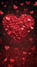 Heart-shaped arrangement composed from multiple red heart elements against dark background.